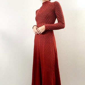 Red Embroidered Knit Mock Neck Long Sleeve Dress
